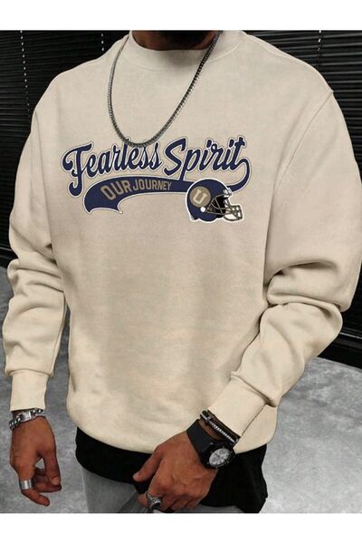 Mythologie Fearless Spirit Sweatshirt - Beige Printed Oversize Hooded Crew Neck