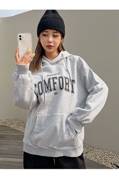 Mythologie Energetic Comfort Sweatshirt - Gray Printed Oversize Ribbon Hoodie