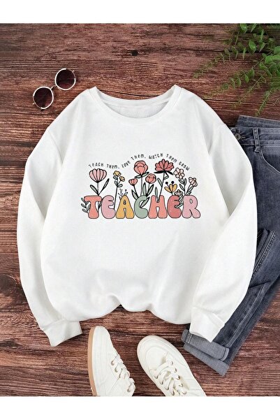 SeusCraft Teacher Love Χειμερινό Χοντρό Φούτερ - Λευκό με στάμπα, Υπερμεγέθη ...