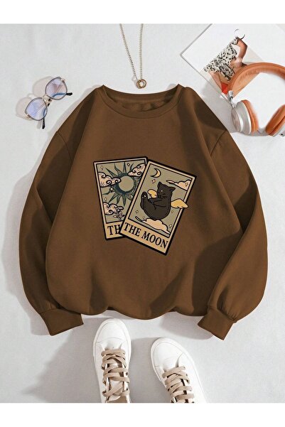 coolart The Moon Kedi Sweatshirt - Kahverrengi Baskılı Oversize Şardonlu Bisi...