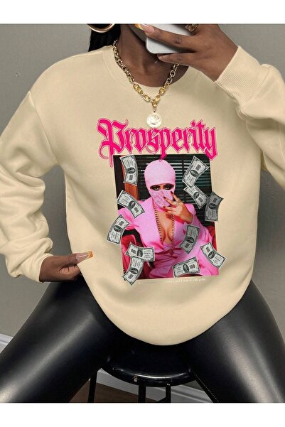 Mythologie Prosperity Woman Sweatshirt - Beige Printed Oversize Crew Neck