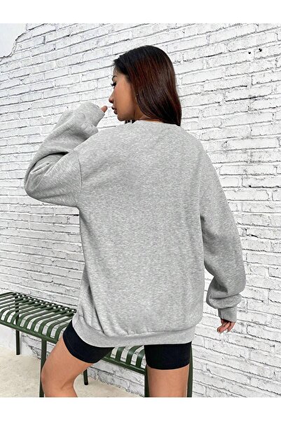 Mythologie Korean House Sweatshirt - Gray Printed Oversize Ruffled Crew Neck