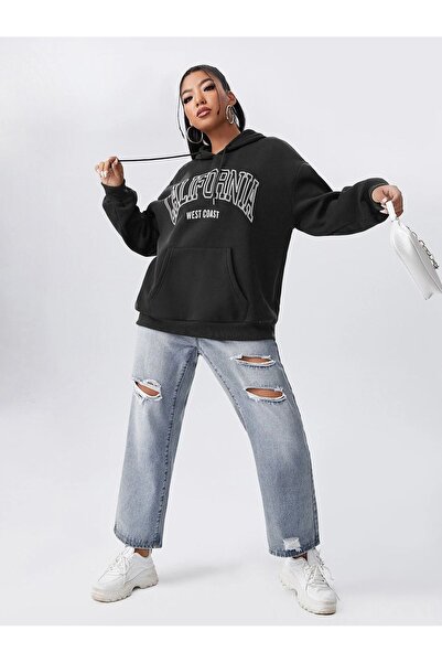Mythologie California West Coast Winter Thick Sweatshirt - Black Printed Oversize Ribbon Hoodie