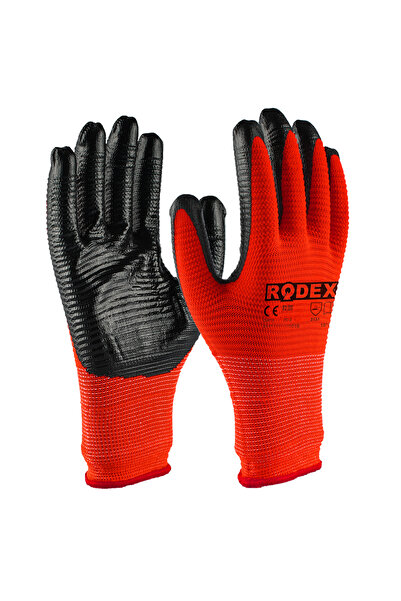 Rodex Manusi De Protectie, Rodex, Set 12, Acoperite Cu Nitril, 10", Rosu (Eld...