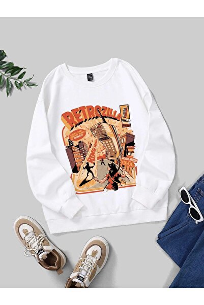Mythologie Retrozilla White Thick Sweatshirt - Printed Oversize Ribbed Crew Neck