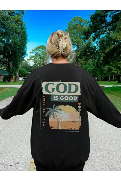 Mythologie Суитшърт с палмово дърво е добър - голямо оребрено кръгло деколте с черен принт