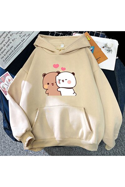 SeusCraft Panda Bubu Ve Dudu Sweatshirt - Bej Baskılı Oversize Şardonlu Kapüş...