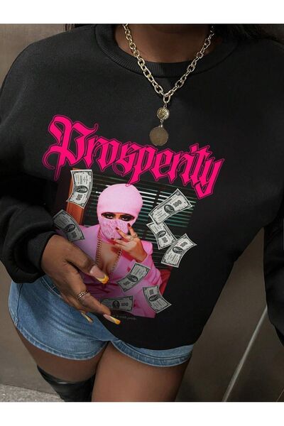 Mythologie Просперити жена суитшърт - черен принт, овърсайз, с велосипедна яка