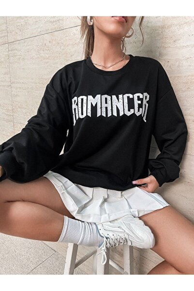 Mythologie Φούτερ Romancer - Μαύρο με στάμπα Oversize με λαιμόκοψη με ριμπ