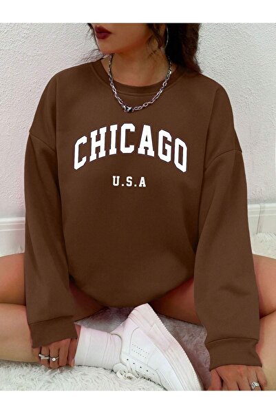 coolart سويت شيرت شيكاغو يو اس ايه - بني مطبوع كبير الحجم برقبة دائرية