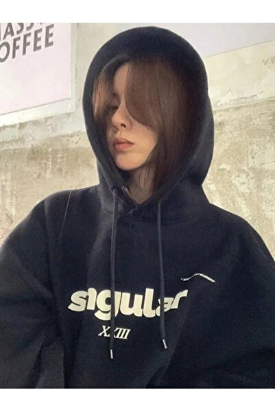 modaberry Hanorac Singular - Hanorac oversize cu glugă cu imprimeu negru