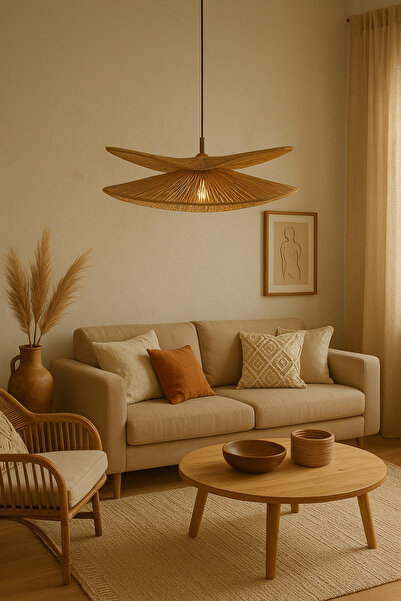 afralya home Hasır Sarkıt Avize 2 Şeritli avize / Bohem avize / Salon Modern Avize / Hasır Rattan Bambu Avize