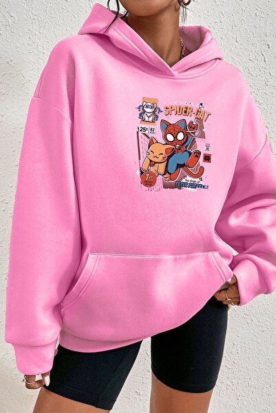 SeusCraft سويت شيرت سبايدر كات - غطاء رأس كبير الحجم مطبوع باللون الوردي