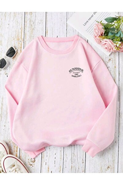 coolart Sunshine Smiling Sweatshirt - Pembe Baskılı Oversize Şardonlu Bisikle...
