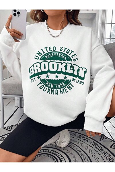 Mythologie United States Brooklyn Sweatshirt - White Printed Oversize Ribbed ...