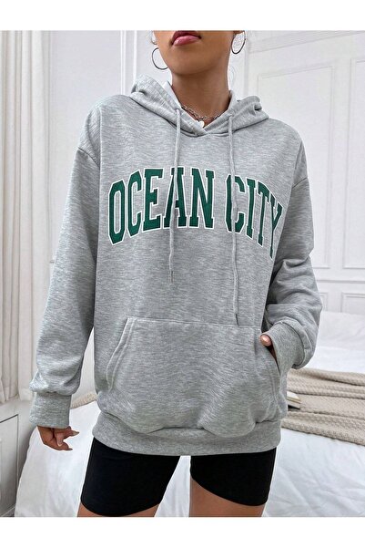 Mythologie Ocean City Sweatshirt - Gray Printed Oversize Ribbon Hoodie