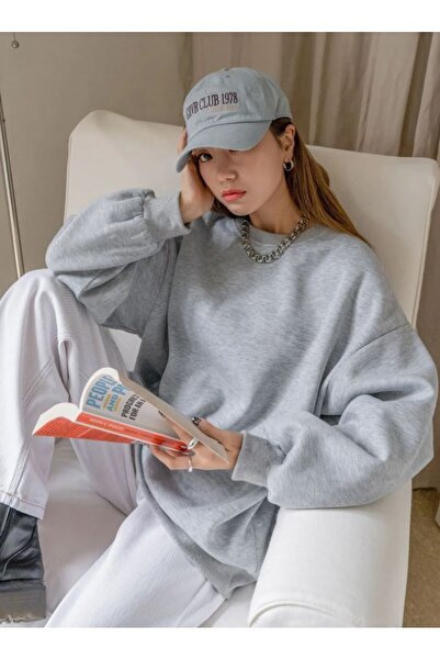 Mythologie Gray Thick Sweatshirt - Oversize Ruffled Crew Neck