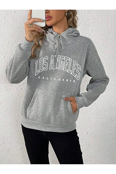 Mythologie Los Angeles California Winter Thick Sweatshirt - Gray Printed Oversize Ribbon Hoodie