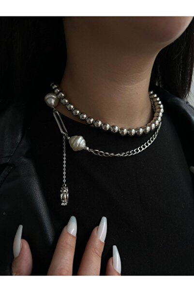 Fiamoss TASARIM BAYKUŞ SALLANTILI SİLVER İNCİ VE ZİNCİR DETAYLI KOLYE - RETRO...