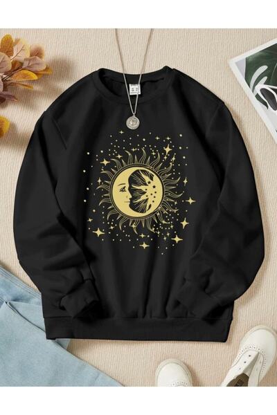 modaberry Γυναικείο μαύρο φούτερ με σχέδιο Sun&Moon Ovarsize
