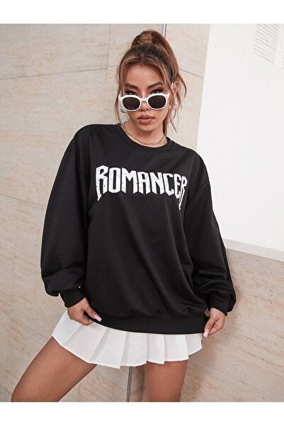 Mythologie Romancer Sweatshirt - Black Printed Oversize Ruffled Crew Neck