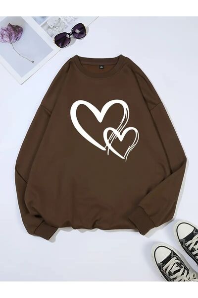 Mythologie Hearts Design Sweatshirt - Brown Printed Oversize Crew Neck