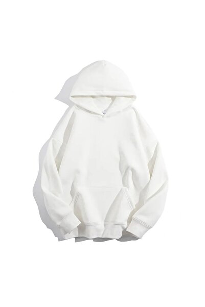 SeusCraft Basic Düz Sweatshirt - Beyaz Oversize Şardonlu Kapüşonlu