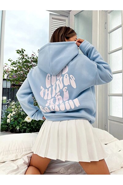 Cool Art Good Things Coming Kışlık Kalın Sweatshirt - Bebe Mavisi Baskılı Oversize Şardonlu Kapüşonlu