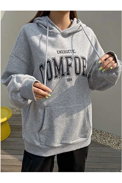 Mythologie Energetic Comfort Sweatshirt - Gray Printed Oversize Ribbon Hoodie