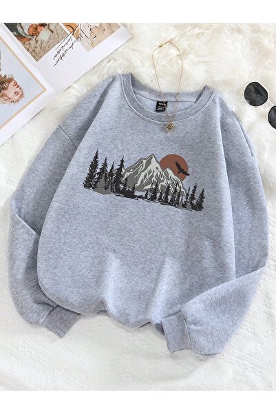 Mythologie Світшот Japan Mountain - сірий з принтом, оверсайз, з шардоном, з велосипедним коміром