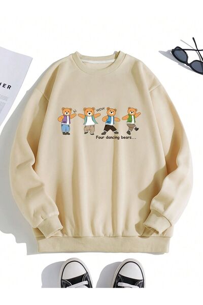 Mythologie Dancing Bears Sweatshirt - Beige Printed Oversize Crew Neck