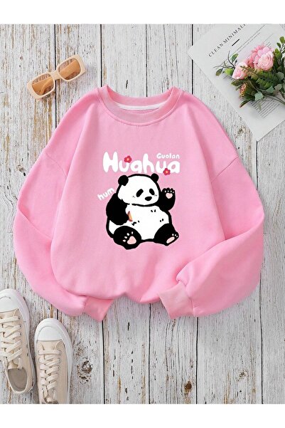 coolart Huahua Panda Kışlık Kalın Sweatshirt - Toz Pembe Baskılı Oversize Şar...
