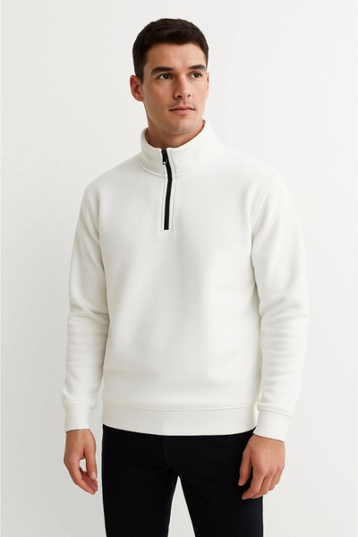 Edolika Men's Stand Collar Sweatshirt Stand Collar Half Zipper 3 Thread Ribbed Cotton Fabric - White