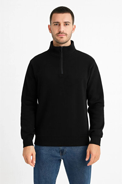 Edolika Men's Stand Collar Sweatshirt Stand Collar Half Zipper 3 Thread Ribbed Cotton Fabric - Black