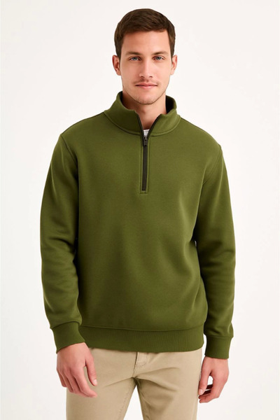 Edolika Men's Stand Collar Sweatshirt Stand Collar Half Zipper 3 Thread Ribbed Cotton Fabric - Khaki