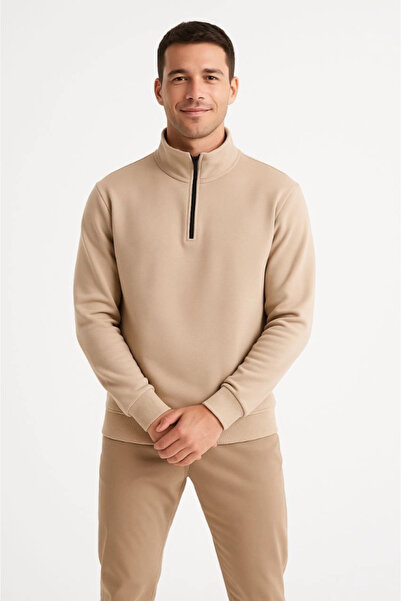 Edolika Men's Stand Collar Sweatshirt Stand Collar Half Zipper 3 Thread Ribbed Cotton Fabric - Beige