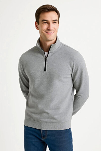 Edolika Men's Stand Collar Sweatshirt Stand Collar Half Zipper 3 Thread Ribbed Cotton Fabric - Gray