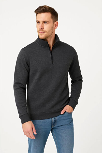 Edolika Men's Stand Collar Sweatshirt Stand Collar Half Zipper 3 Thread Ribbed Cotton Fabric - Anthracite