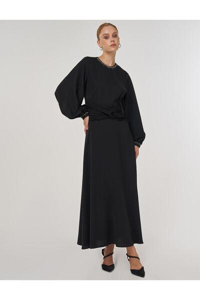 Kayra Bel Detaylı Şık Elbise Siyah