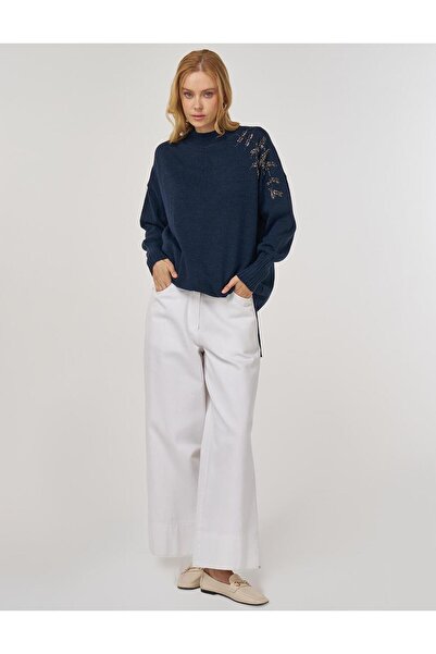 Kayra Omzu Embroidered Knitwear Tunic Navy Blue