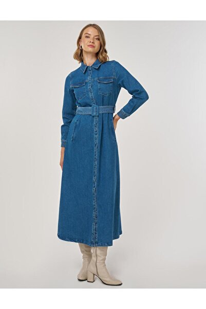 Kayra Belt Detailed Denim Dress Indigo