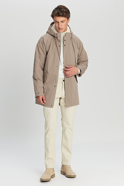 AC&Co / Altınyıldız Classics Men's Beige Standard Fit Regular Cut Hooded Stand Collar Side Pocket Coat