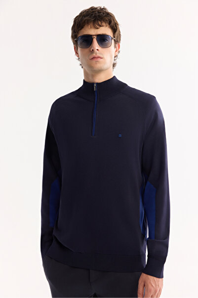 Avva Мъжки тъмносин пуловер с яка, цип, от вискоза, без пилинг, с нормална кройка A52Y5020