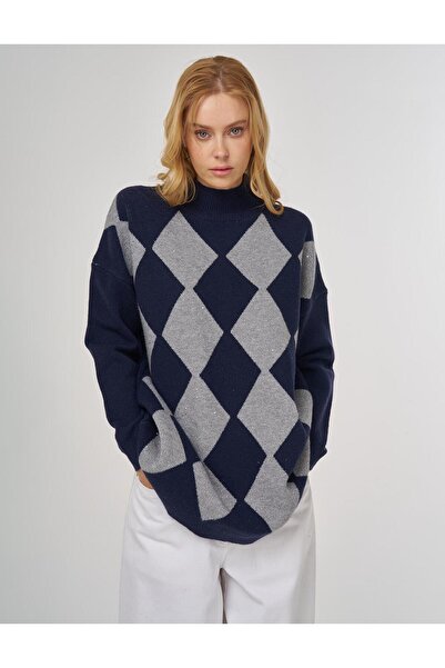 Kayra Baklava Pattern Knitwear Tunic Navy Blue