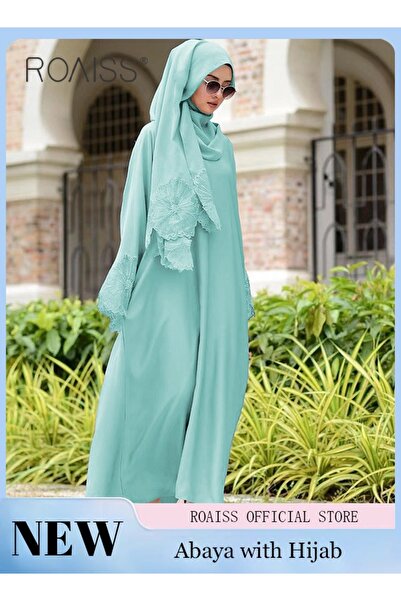 ROAISS 2 PCS Women's Robe Dress Solid Color Floral Embroidery Lace Edge Traditional Wear Muslim Abaya with