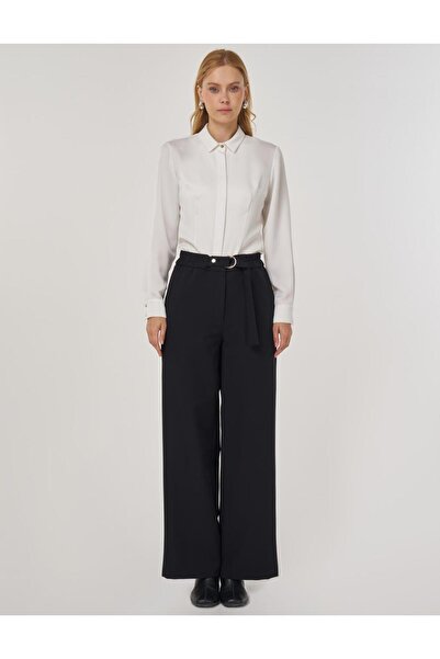 Kayra Metal Buckle Fabric Trousers Black