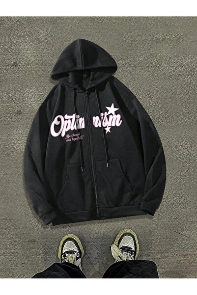 modaberry Optimism Cheerful Cardigan - Μαύρη χειμερινή κουκούλα με φερμουάρ κ...