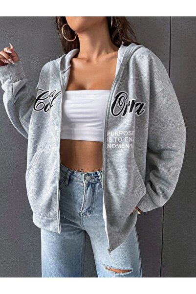 modaberry Calif Ornia Cardigan - Gray Printed Winter Oversize Hooded Cardigan with Zipper Pocket Detail