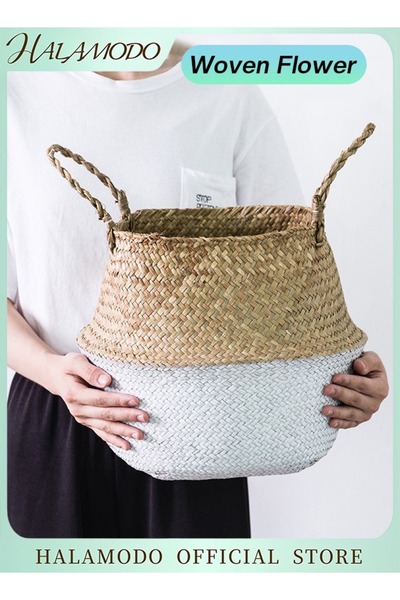 HALAMODO Woven Seagrass Belly Basket with Handles Ideal Wicker Basket Storage Plant Pot Basket Grocery Basket