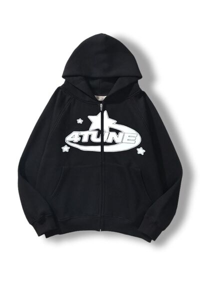 modaberry 4 Tune Printed Cardigan - Black Winter Oversize Hooded Cardigan wit...